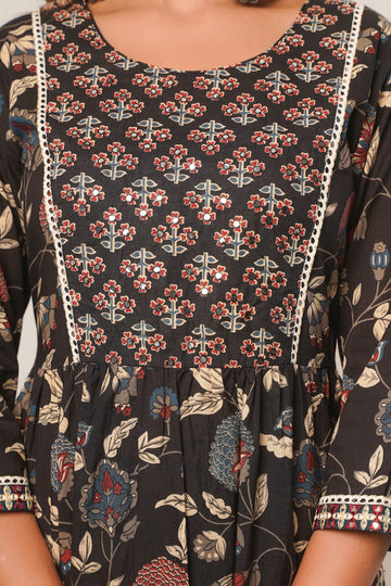 Black Colour Flower Print 3 Piece Kurta with Pant and Dupatta