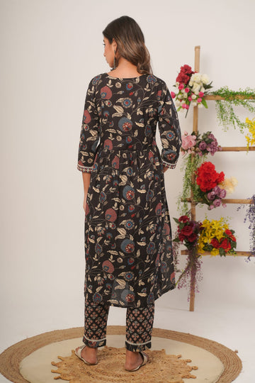 Black Colour Flower Print 3 Piece Kurta with Pant and Dupatta
