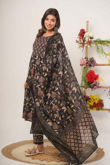 Black Colour Flower Print 3 Piece Kurta with Pant and Dupatta