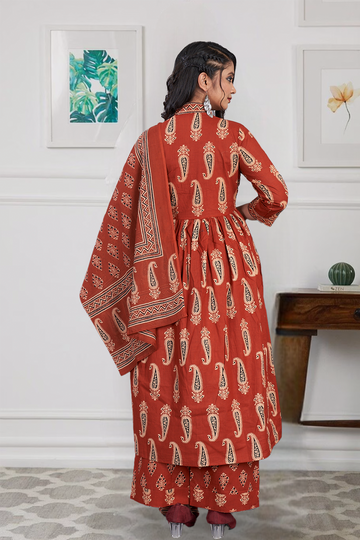 Cotton 3 Pc Suit Block Print Marron