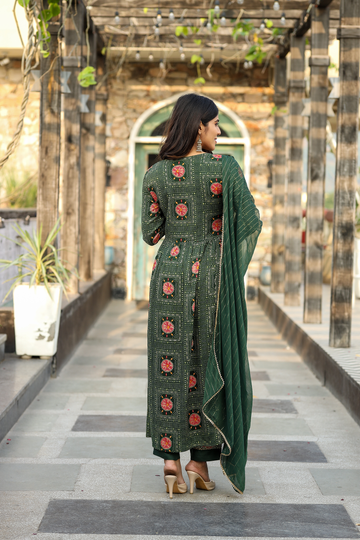 Bottle Green Color Kurta with Pant and Dupatta