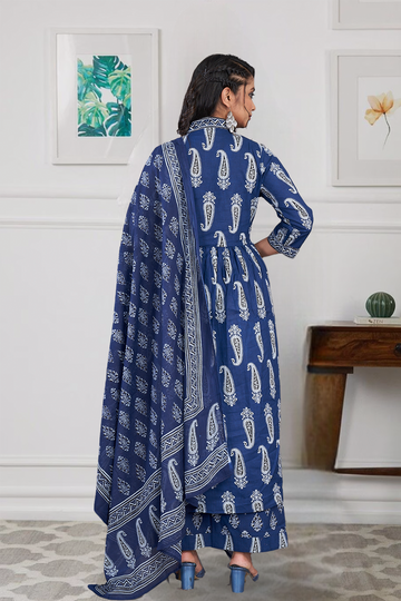 Cotton 3 Pc Suit Block Print Blue