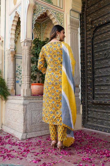 Cotton 3 Pc Set Yellow Flower Print