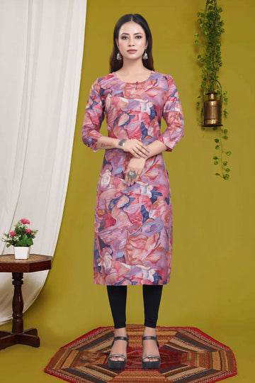 Grey Pink Straight Kurti Muslin