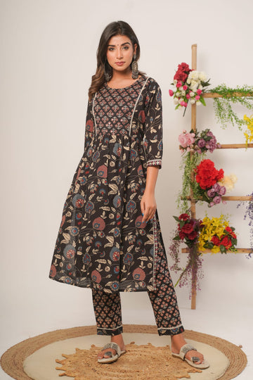 Black Colour Flower Print 3 Piece Kurta with Pant and Dupatta