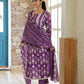 Purple Ikkat Printed 3 Piece Suit with Dupatta and Pant