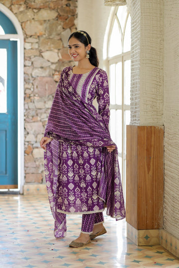 Purple Ikkat Printed 3 Piece Suit with Dupatta and Pant