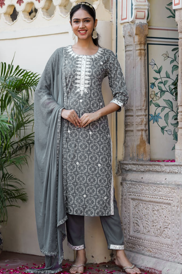 Grey Coloured Kurta with Pant and Dupatta