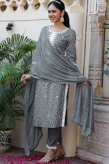 Grey Coloured Kurta with Pant and Dupatta