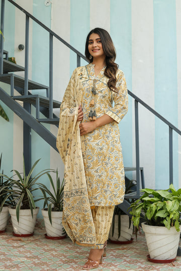 Cotton Yellow 3 Pc Suit