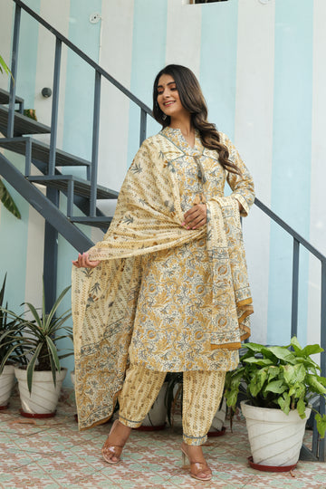 Cotton Yellow 3 Pc Suit