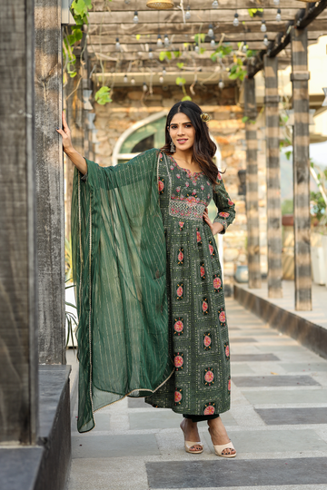 Bottle Green Color Kurta with Pant and Dupatta