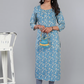 Light Blue Kalamkari Printed Straight Kurti