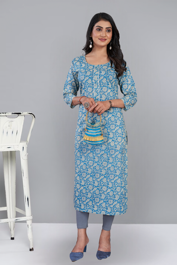 Light Blue Kalamkari Printed Straight Kurti