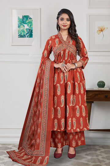 Cotton 3 Pc Suit Block Print Marron