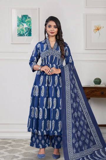 Cotton 3 Pc Suit Block Print Blue