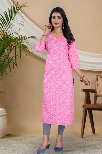 Light Pink Bandhani Printed Straight Kurti