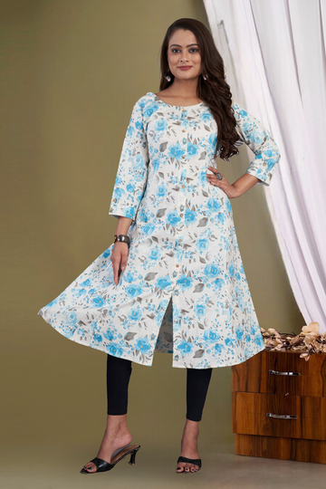 Blue, White Aline Cotton Flex Kurti