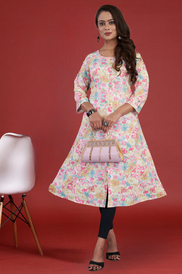 Pink, White Aline Cotton Flex Kurti