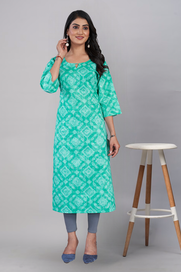 Sea Green Bandhani Printed Straight Kurti