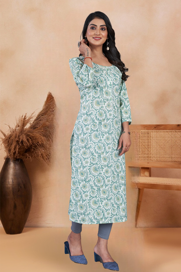 Green Kalamkari Printed Straight Kurti