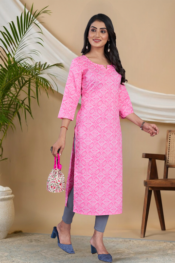 Light Pink Bandhani Printed Straight Kurti