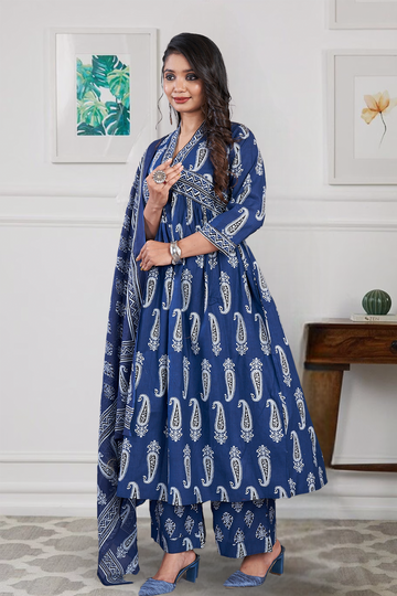 Cotton 3 Pc Suit Block Print Blue