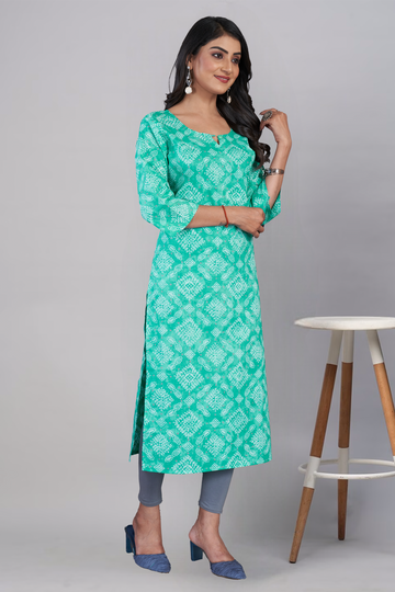 Sea Green Bandhani Printed Straight Kurti