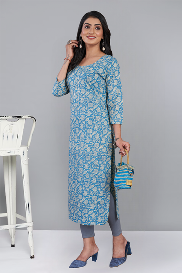 Light Blue Kalamkari Printed Straight Kurti