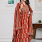 Cotton 3 Pc Suit Block Print Marron