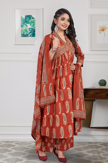 Cotton 3 Pc Suit Block Print Marron