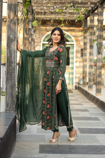 Bottle Green Color Kurta with Pant and Dupatta