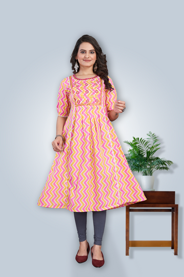 Pink Chevron Printed Flared Ethnic Dress