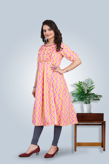 Pink Chevron Printed Flared Ethnic Dress