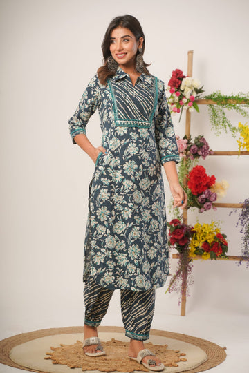 Navy-Blue Pathani Kurti Pant Set Cotton