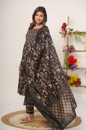 Black Colour Flower Print 3 Piece Kurta with Pant and Dupatta