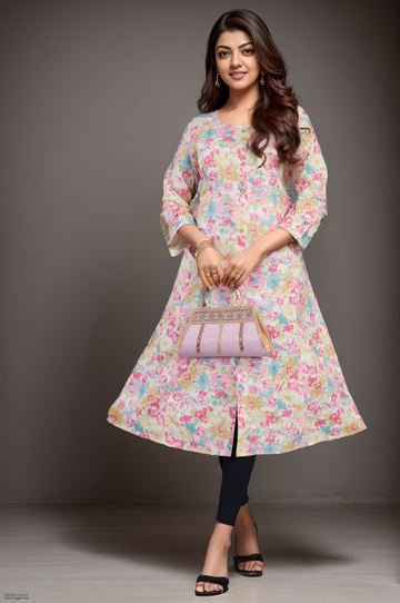 Pink, White Aline Cotton Flex Kurti