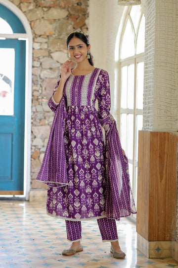 Purple Ikkat Printed 3 Piece Suit with Dupatta and Pant